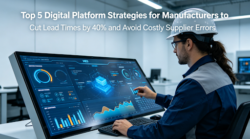 Top 5 Digital Platform Strategies for Manufacturers to Cut Lead Times by 40% and Avoid Costly Supplier Errors A hyper-realistic photo of engineers monitoring a real-time MES dashboard on a large touchscreen in a smart factory control room, overlaid with the title "Top 5 Digital Platform Strategies for Manufacturers to Cut Lead Times by 40% and Avoid Costly Supplier Errors